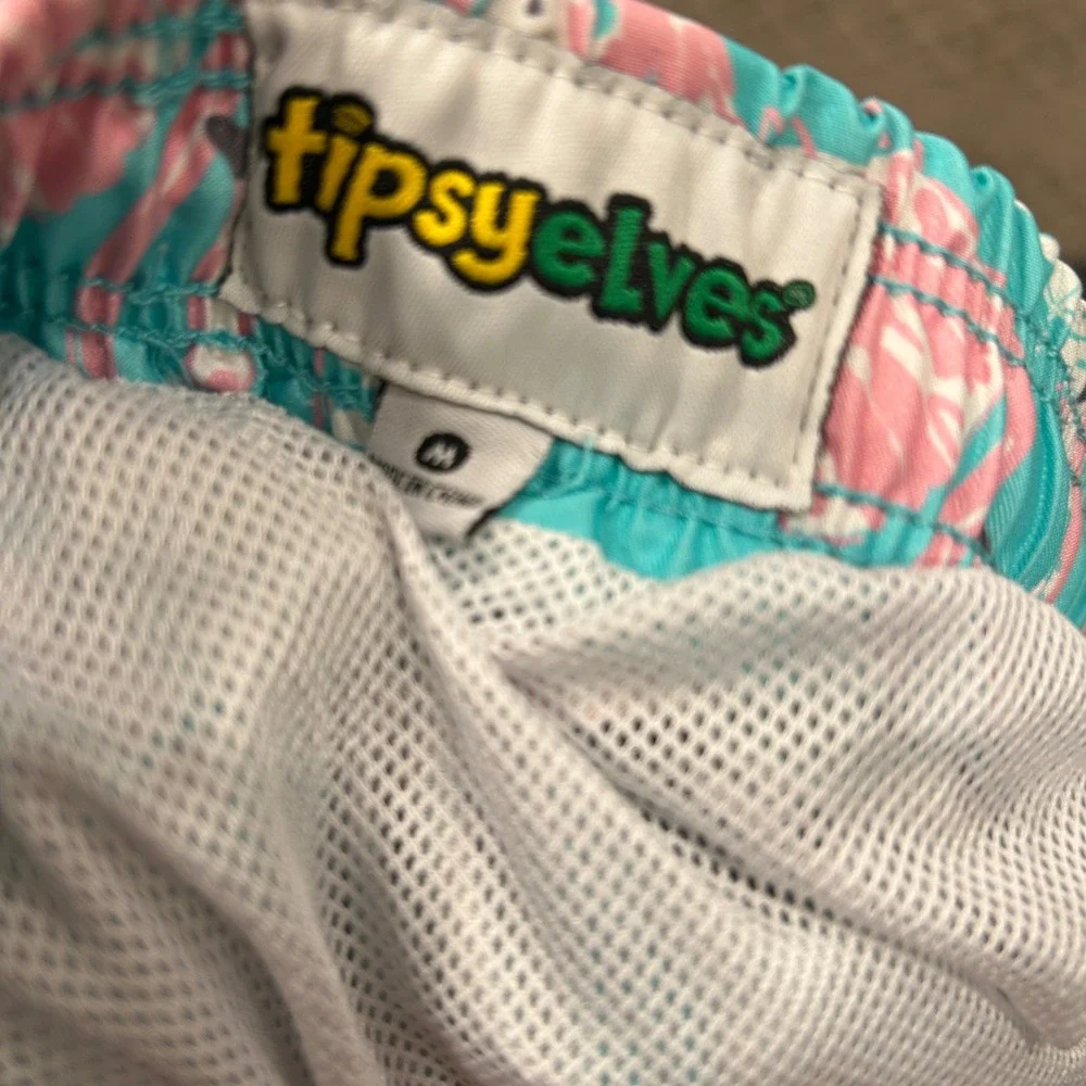 Tipsy Elves Swim Trunks Mens Medium Pink Flamingo Print Teal Tropical
